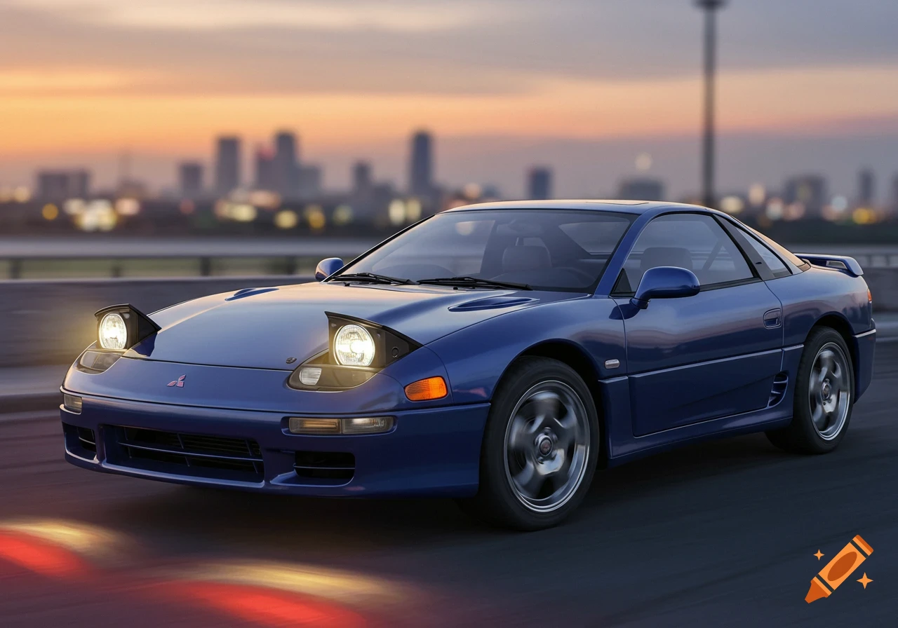 A blue Mitsubishi 3000GT sports car drives on a bridge at sunset with a blurry city skyline in the background, photorealistic.