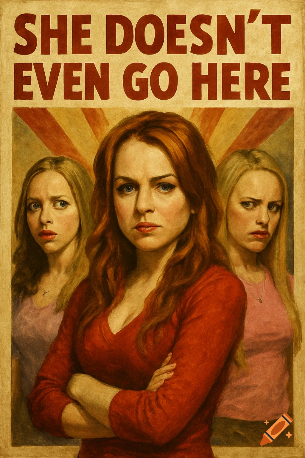 Propaganda-style poster featuring three women from Mean Girls, with the quote 'SHE DOESN'T EVEN GO HERE' prominently displayed.