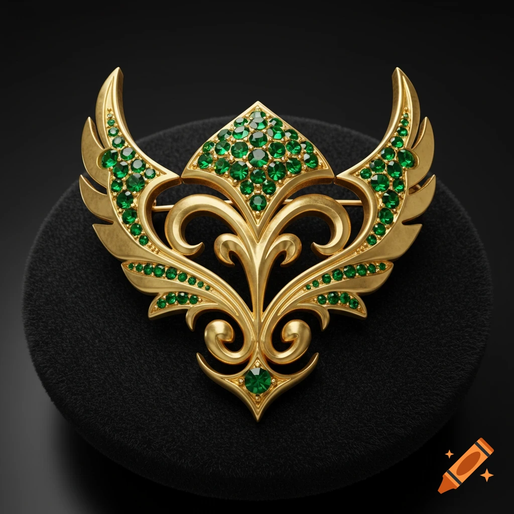 An ornate gold brooch with green jewels in a fantasy crest design, resting on a dark, textured surface.