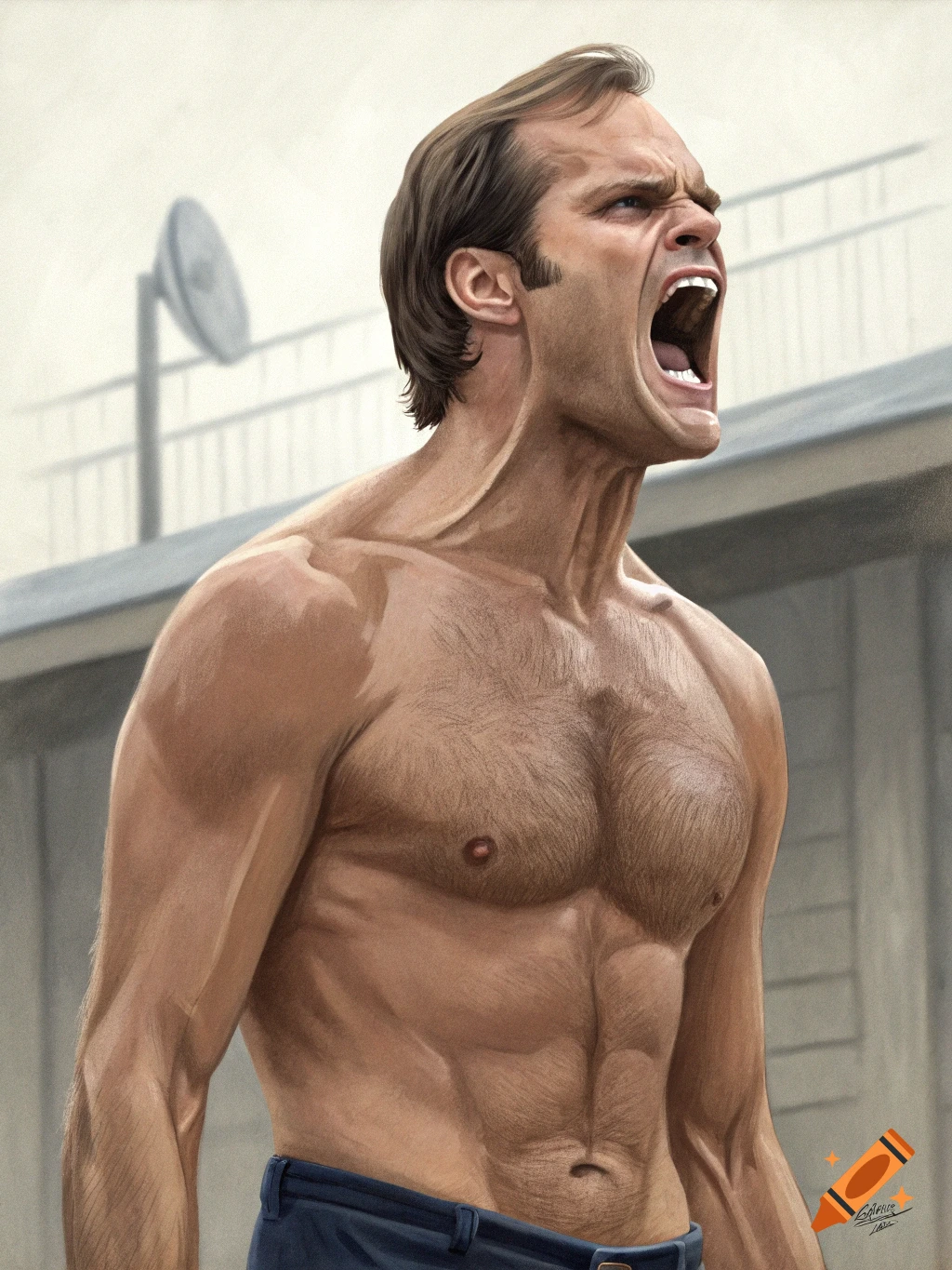 Illustrative portrait of a shirtless man, possibly Fred Dryer, screaming with his mouth open in an outdoor setting.