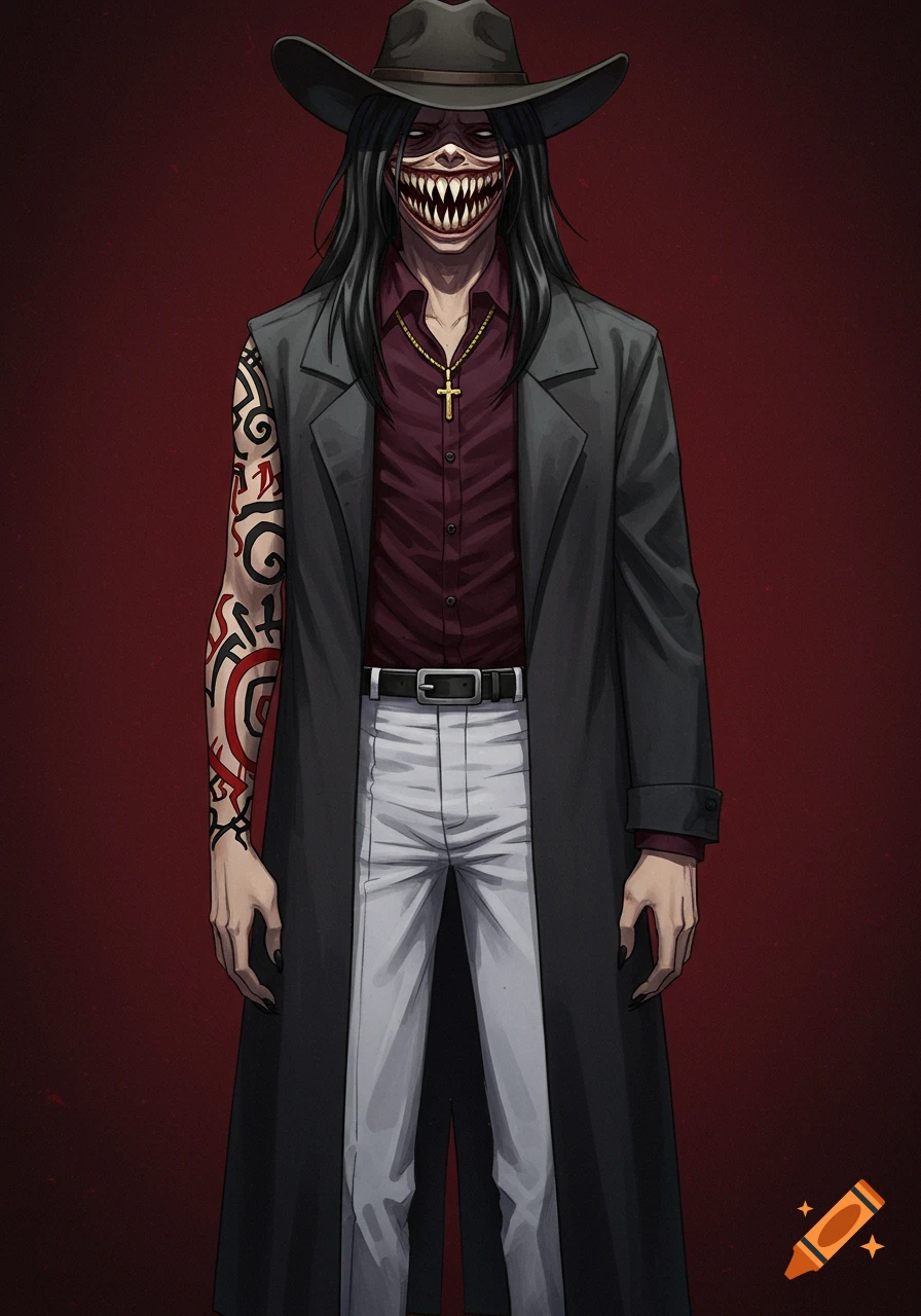 Anime-style male character with long black hair, a cowboy hat, long dark coat, and a gruesome mouth with sharp teeth, showing arm tattoos and a cross pendant.