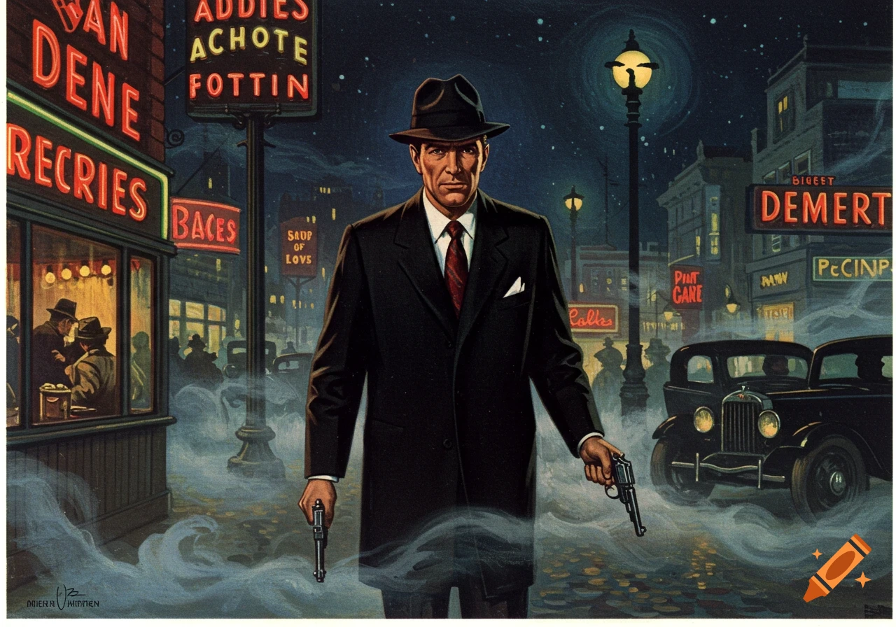 A man in a fedora and suit holds two revolvers in a foggy, neon-lit city street at night, in a vintage pulp fiction illustration style.