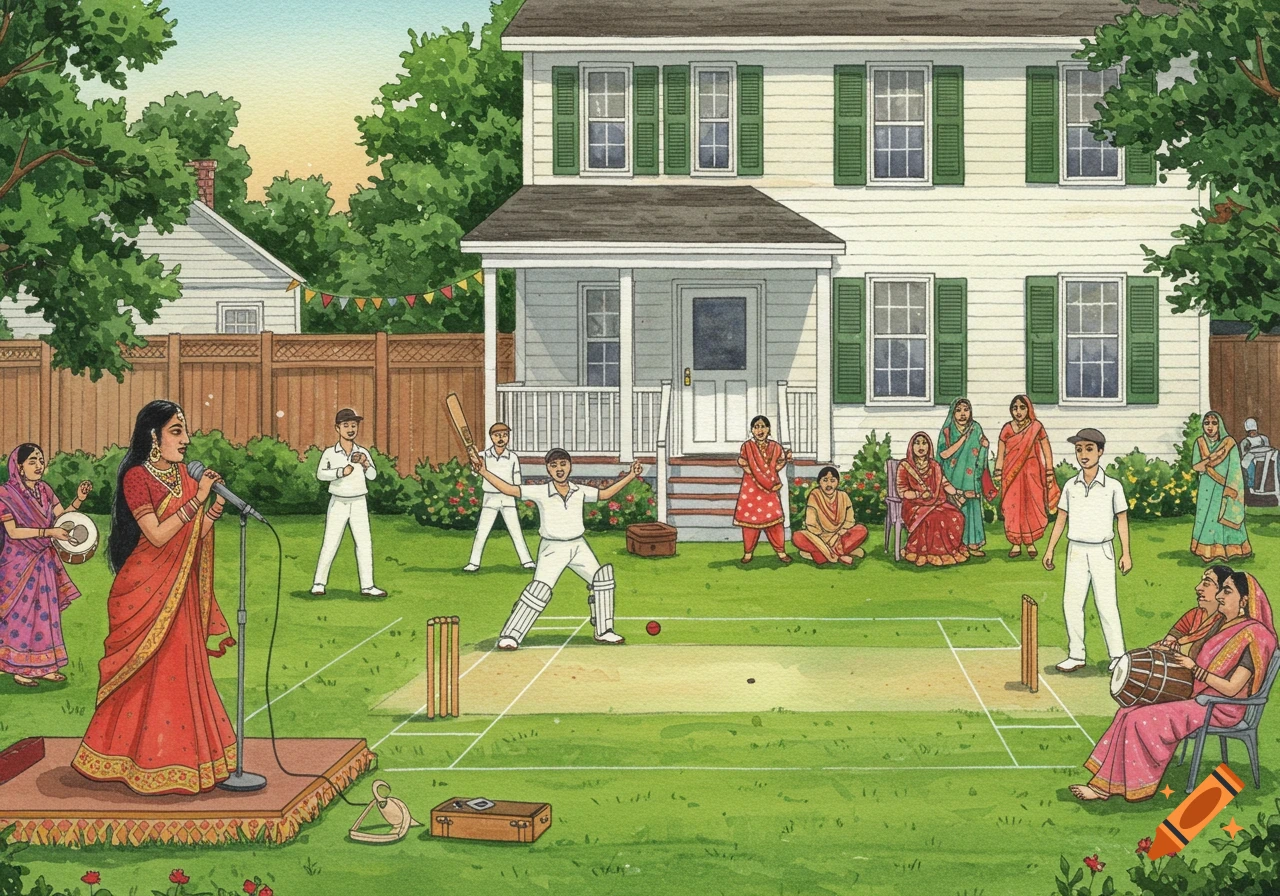Watercolor painting of a group of people in traditional Indian attire playing cricket and singing in the backyard of a house.