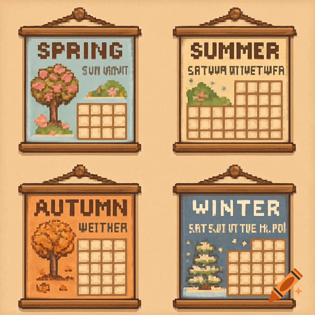 Four pixel art calendars, each representing a season: Spring with a pink-flowered tree, Summer with green bushes, Autumn with an orange tree and falling leaves, and Winter with a snowy evergreen tree. Each calendar has a grid for dates.