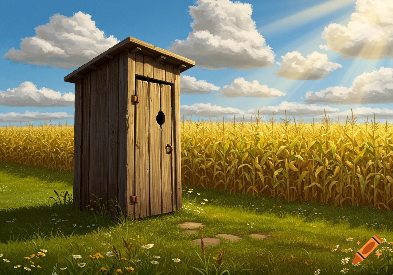 A wooden outhouse stands in a vibrant green field with a tall cornfield under a bright blue sky with fluffy white clouds.
