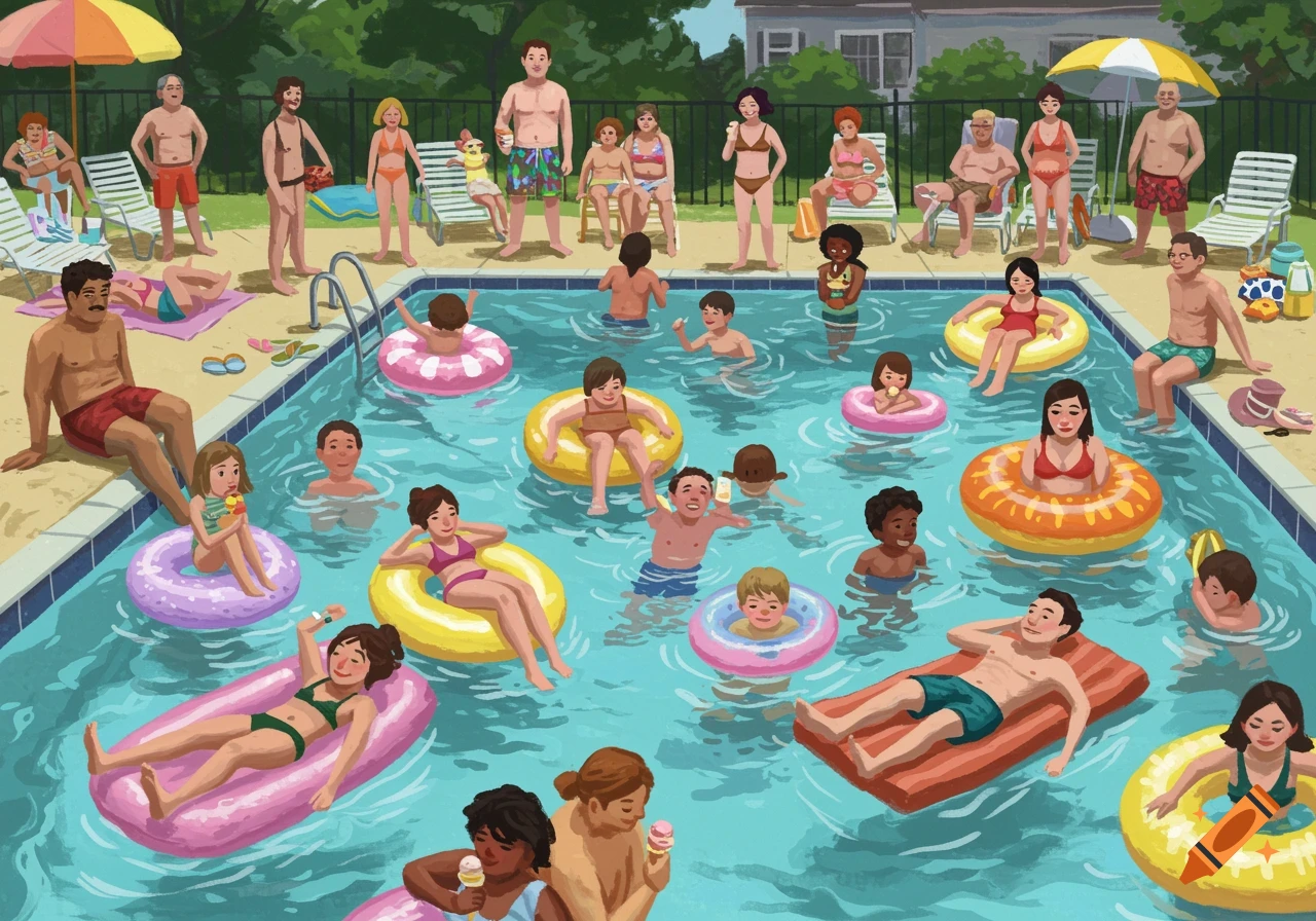 An illustration of many people swimming and relaxing at a crowded outdoor neighborhood pool on a sunny day.