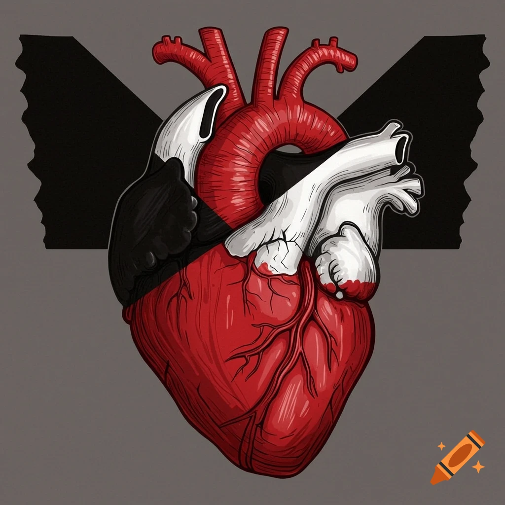 Anatomical human heart illustration colored in red, white, and black, with black shapes behind it on a gray background.