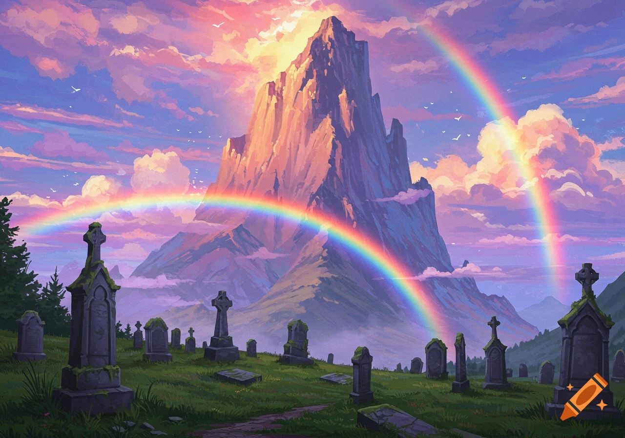 A vibrant fantasy landscape depicting a cemetery in the foreground, a large, dramatic mountain under a colorful sky with two rainbows.