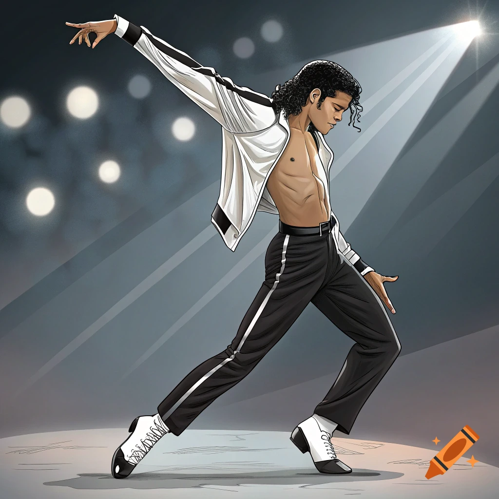 An illustration of Michael Jackson mid-dance, shirtless under a white jacket, black pants, and two-tone shoes, lit by a spotlight.