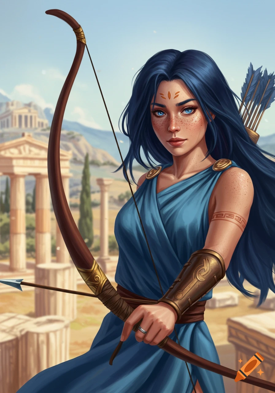 A young woman with dark blue hair and blue eyes, wearing a blue toga, stands in an ancient ruin holding a bow and arrow.