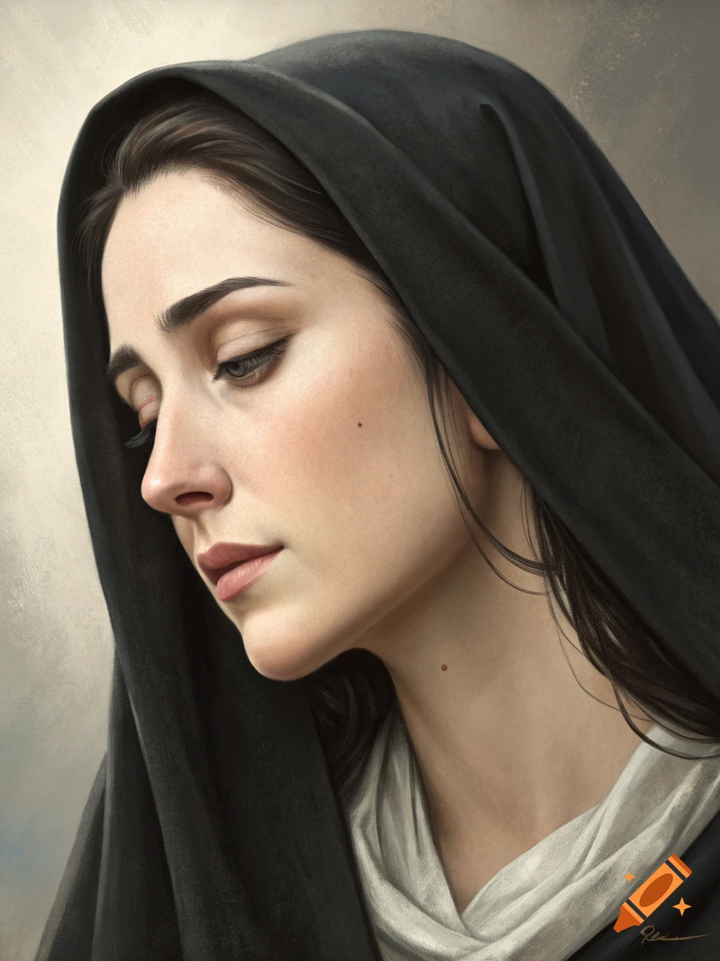 Realistic portrait of a woman with dark hair and a black veil, looking down.
