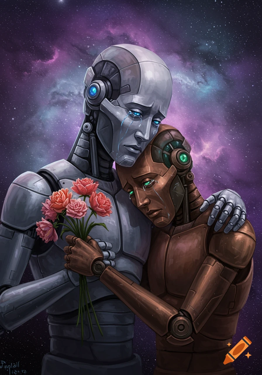 A digital painting shows two sad robots, one gray and one brown, embracing against a starry nebula background. The gray robot holds a bouquet of pink roses.