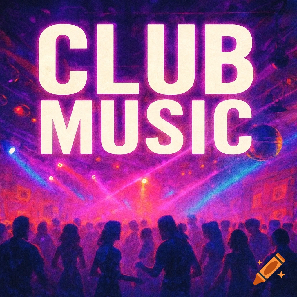 Vibrant club scene with neon lights and a disco ball, a silhouetted crowd dances below large text reading "CLUB MUSIC".