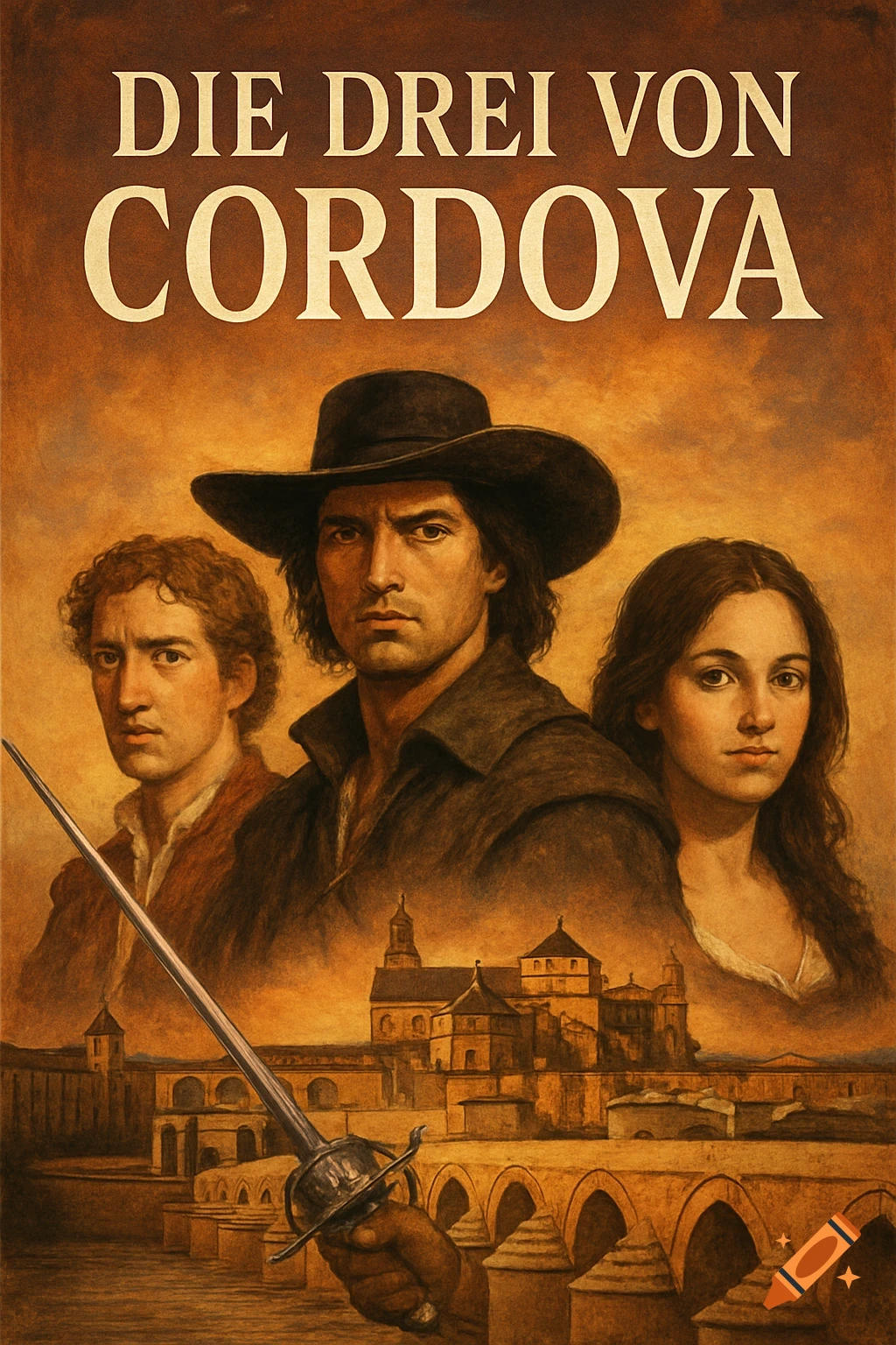 A vintage-style book cover painting featuring three figures, a sword, and a city with a bridge, with the title 'DIE DREI VON CORDOVA' at the top.