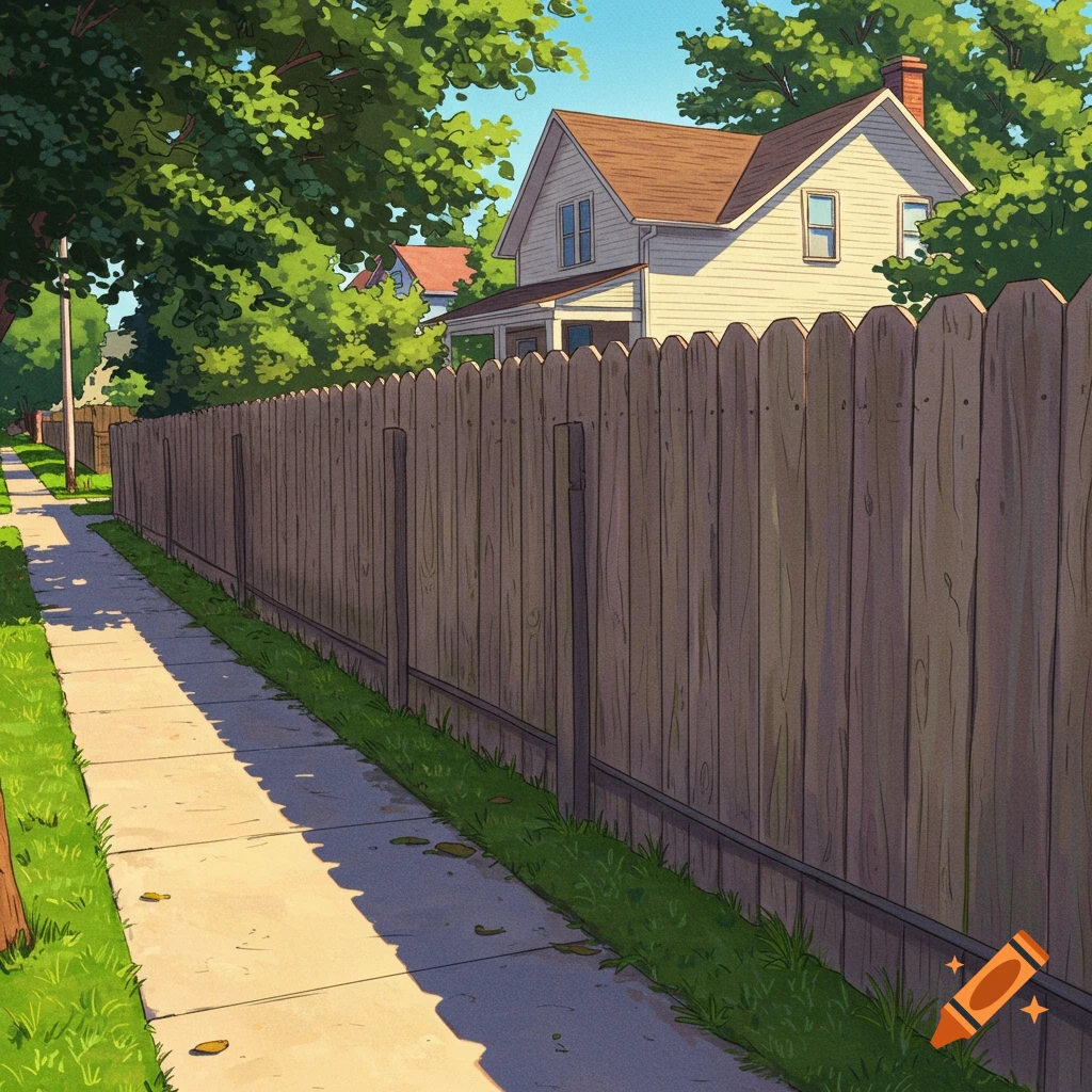 A cartoon illustration of a sidewalk running alongside a wooden fence, with a house visible behind the fence and trees overhead.