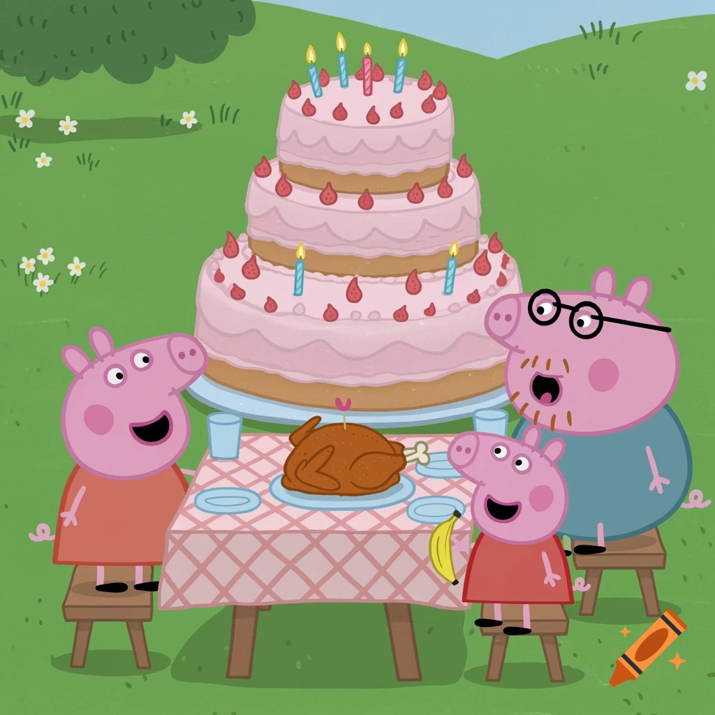 Peppa Pig family, including Peppa, George, Mummy Pig, and Daddy Pig, having a picnic outdoors with a large three-tier pink birthday cake and a roasted chicken on a checkered table.