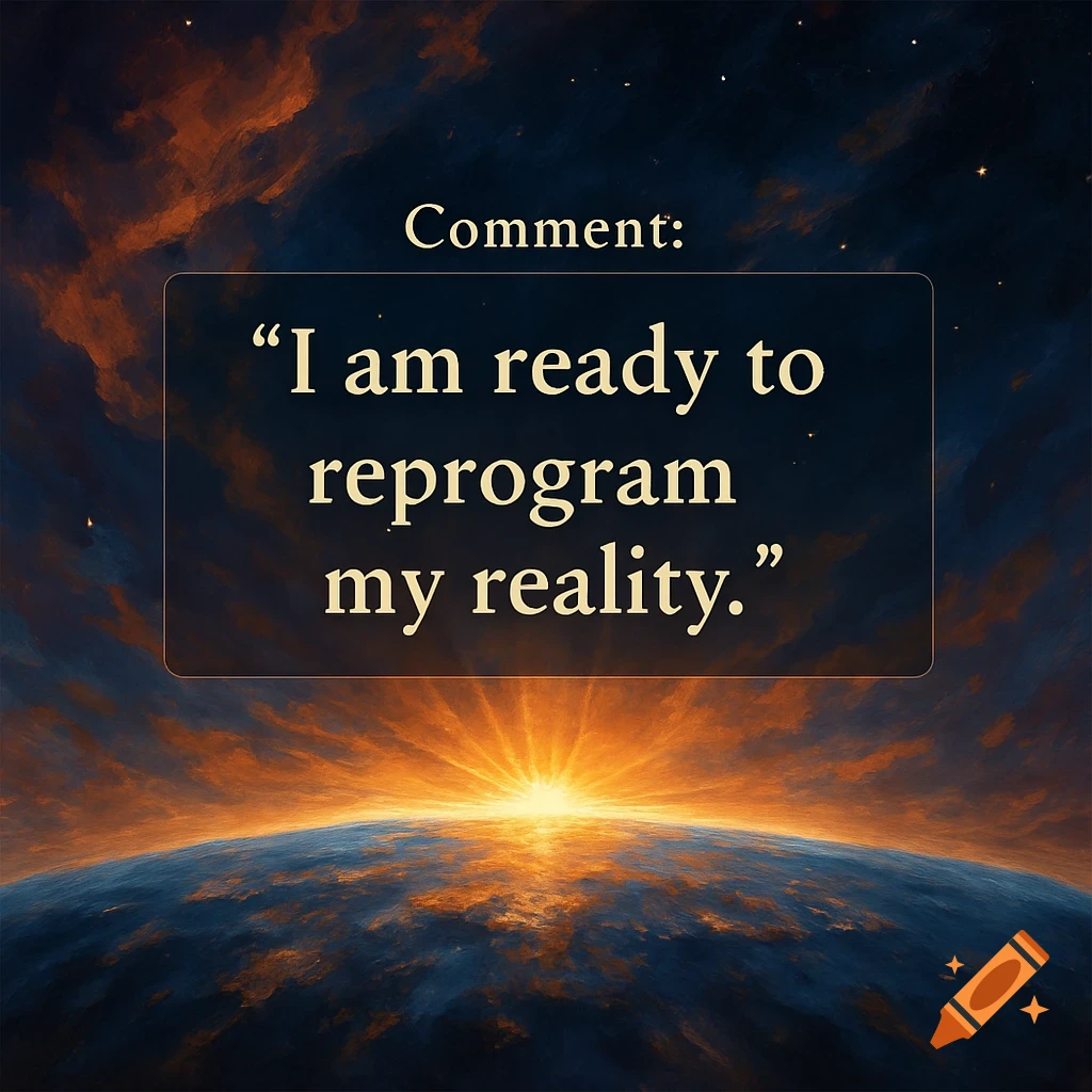 An artistic depiction of Earth from space during a dramatic sunrise, with a text box overlayed that reads: 'Comment: "I am ready to reprogram my reality."'.