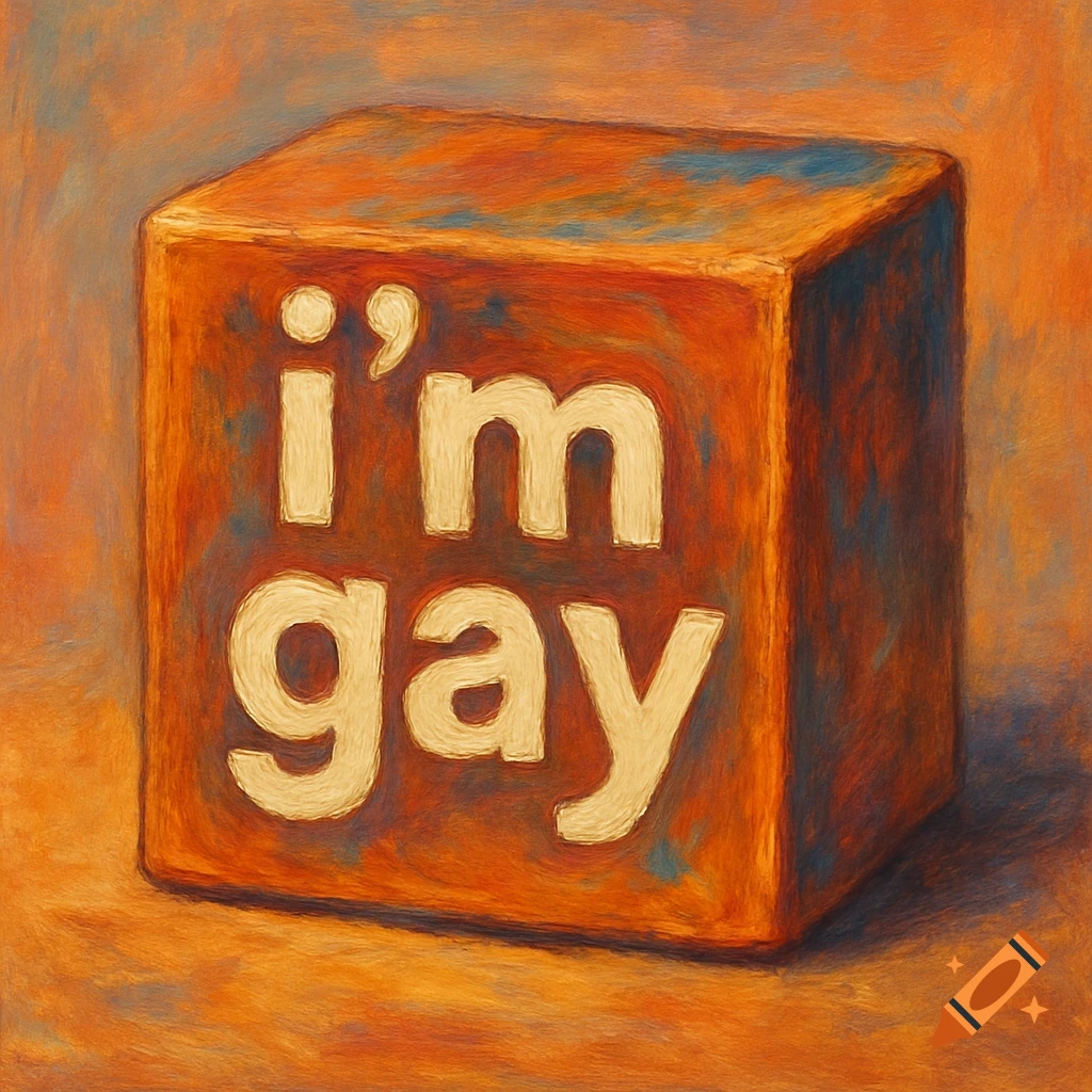 A textured, painterly image of an orange-brown block with the words 'i'm gay' written in cream-colored letters.