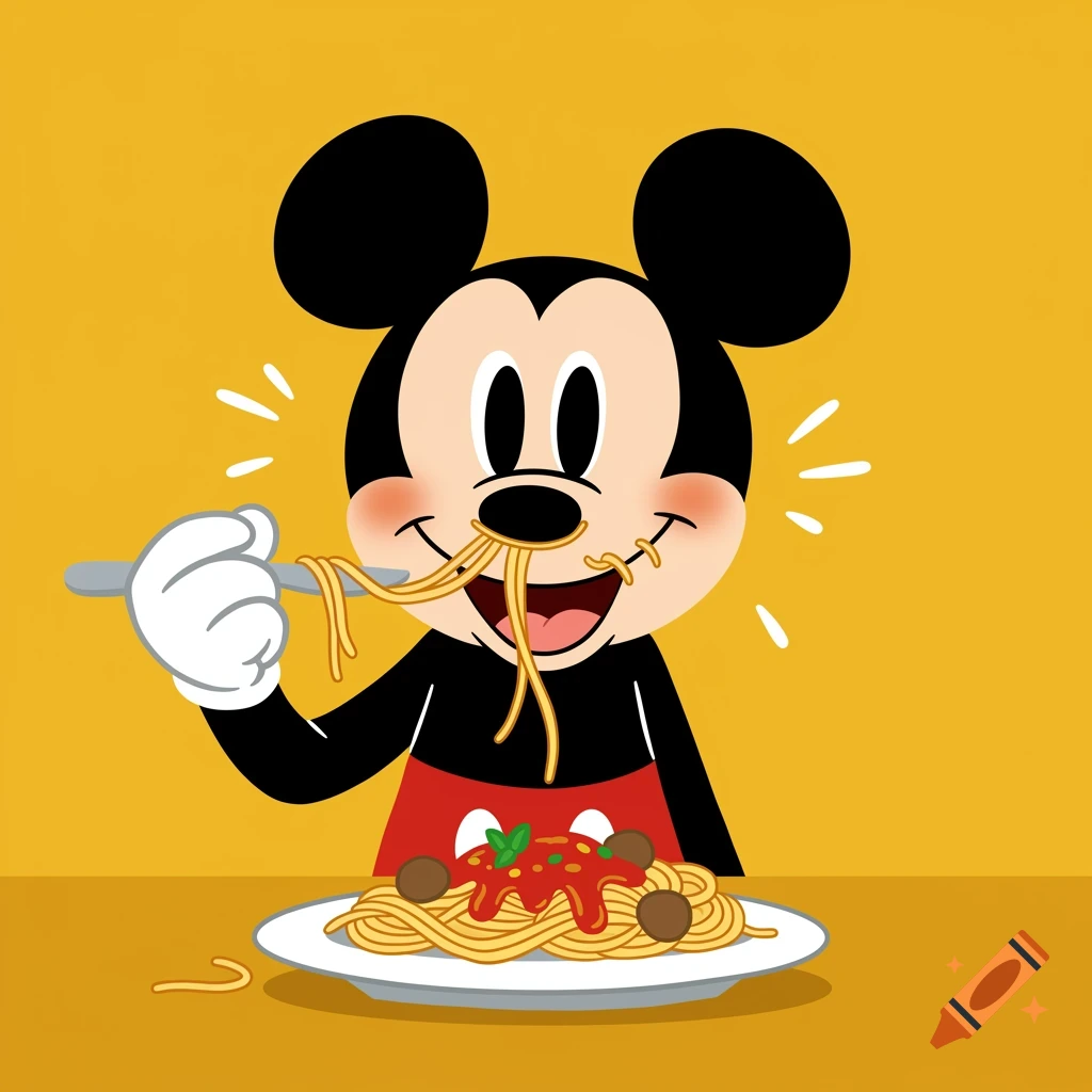 Mickey Mouse happily eating spaghetti with a fork on a yellow background, cartoon illustration style.