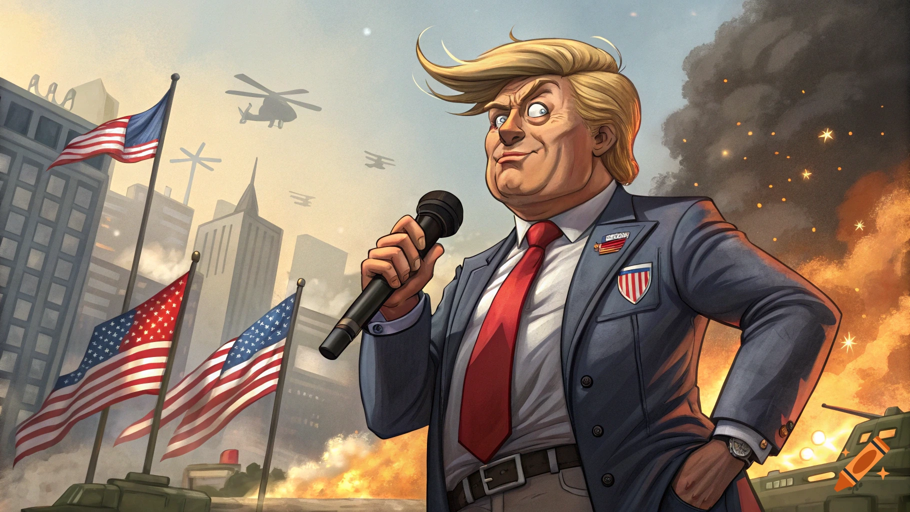 Cartoon caricature of Donald Trump speaking into a microphone, with American flags and explosions in the background.