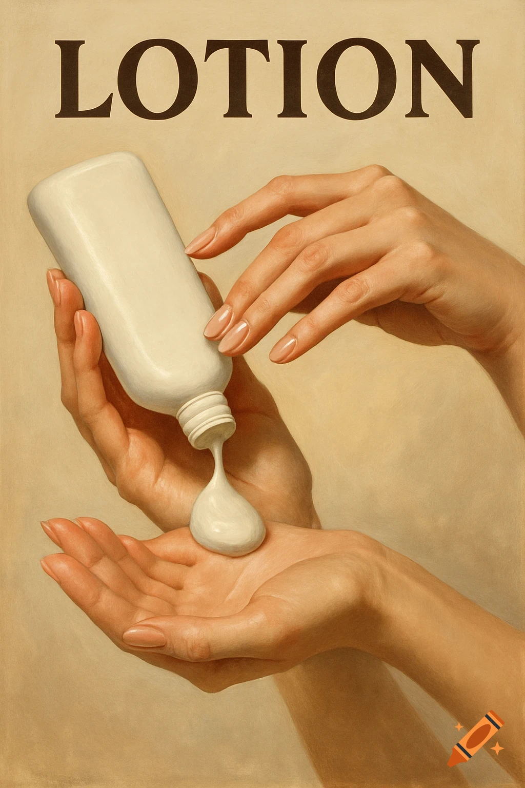 A pair of feminine hands holding a white lotion bottle, pouring lotion into an open palm, with 'LOTION' text above.