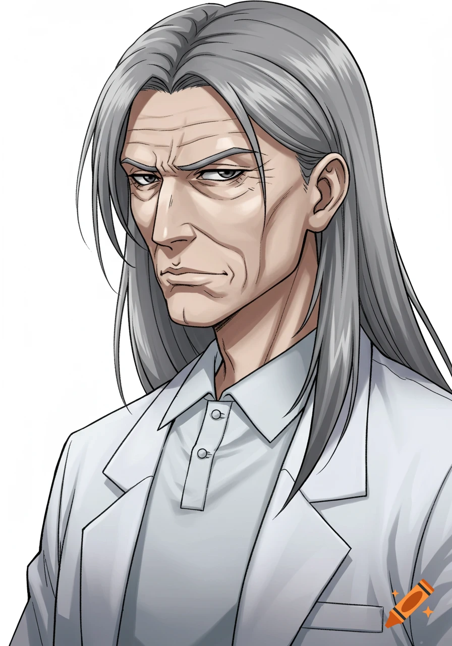 Anime portrait of a stern older man with long gray hair, wearing a white lab coat and polo shirt.