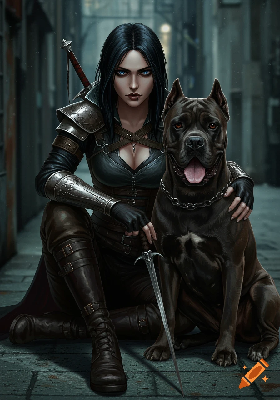 A female assassin in dark armor and boots kneels with a large black Cane Corso dog in a dimly lit alley.