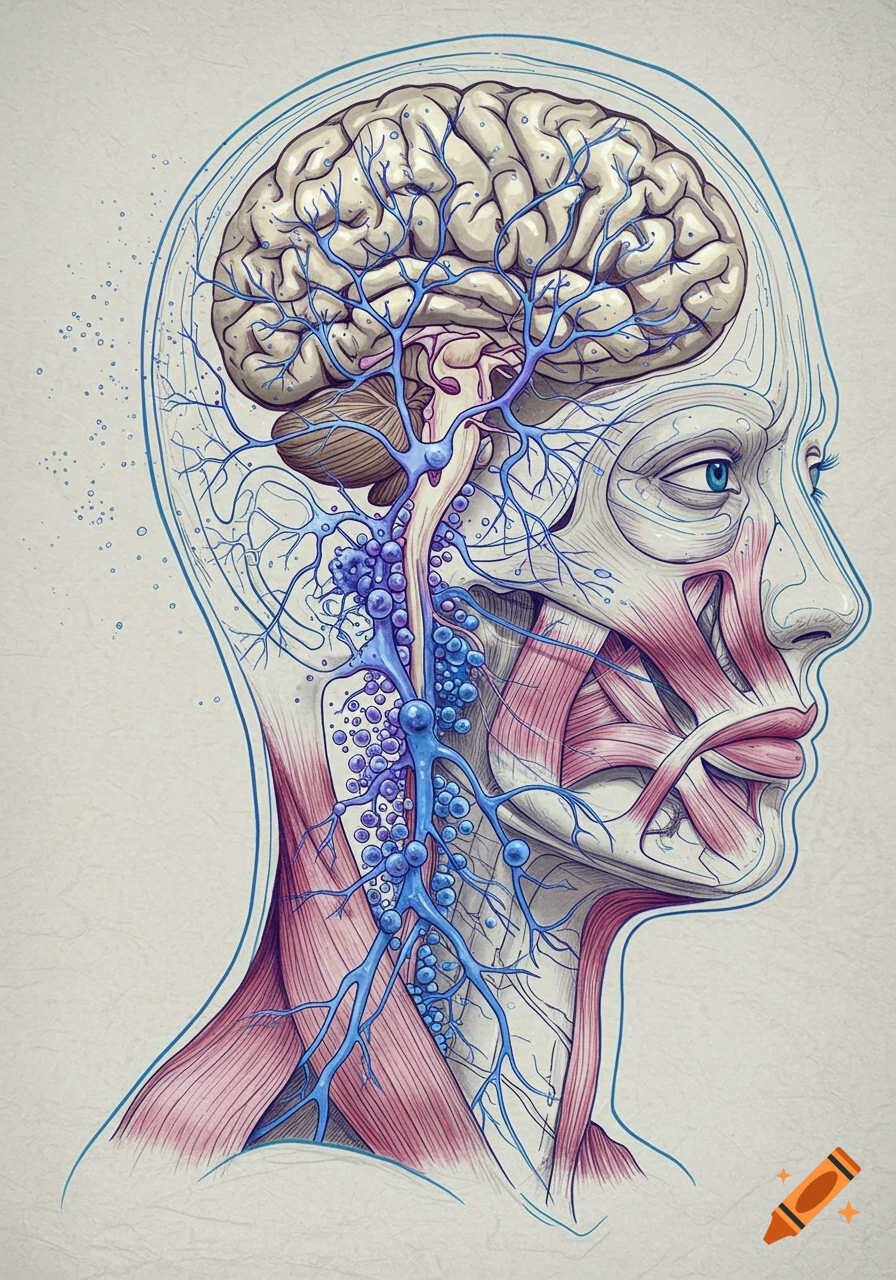 Line drawing of a human head in profile revealing the brain, nerve network, and muscles, in an anatomical illustration style.