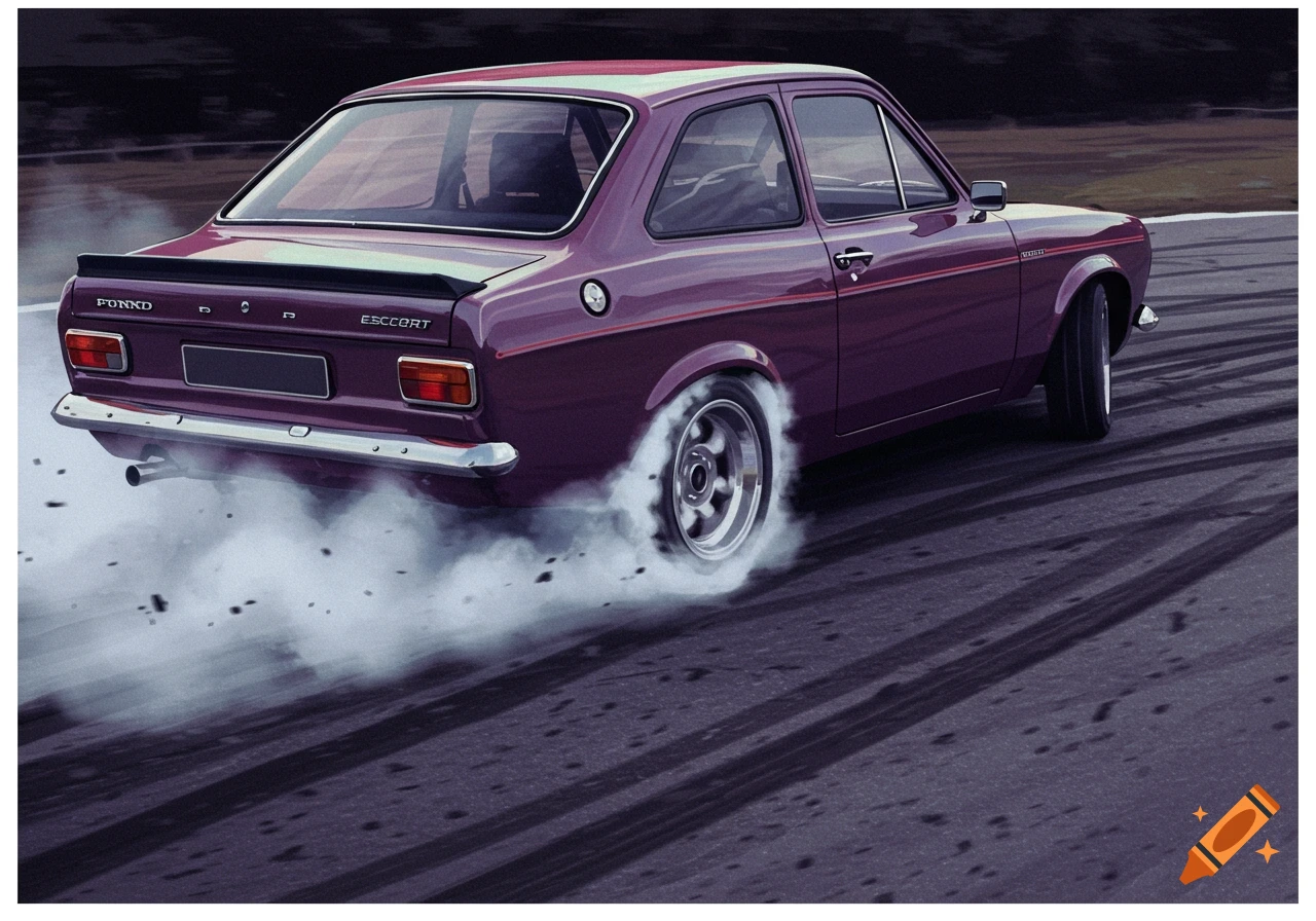 A purple classic Ford Escort performs a tire burnout, leaving smoke and tire marks on a dark asphalt road.
