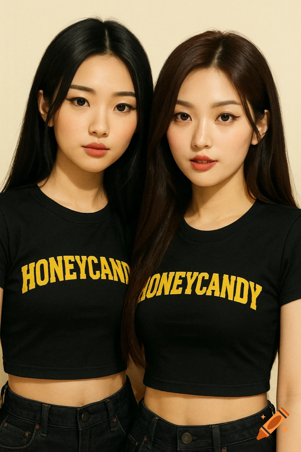 Studio portrait of two young Korean women in black crop tops with 'HONEYCANDY' text.