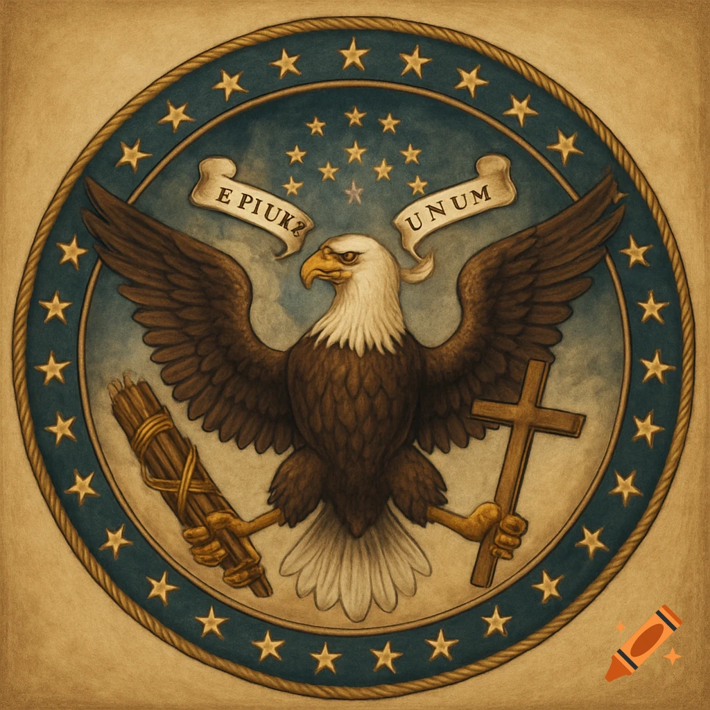 An illustration of a bald eagle seal with outspread wings, holding a bundle of fasces and a wooden cross, surrounded by stars.