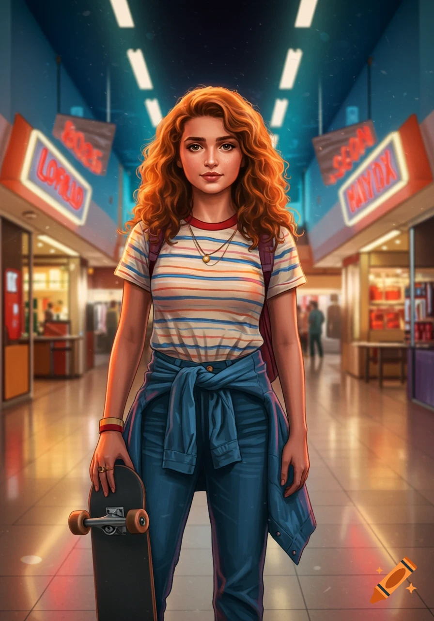 An illustrated young woman with wavy orange hair, striped shirt, and denim jacket stands in a retro mall, holding a skateboard.