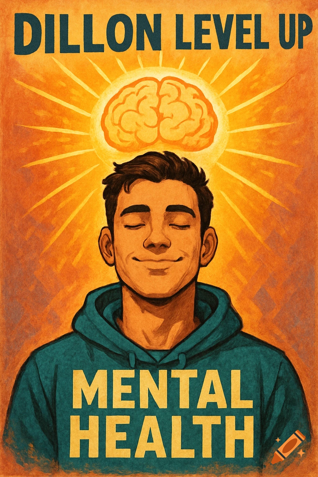 An illustration of a man with eyes closed, a glowing brain above his head, and text 'Dillon Level Up' and 'Mental Health'.