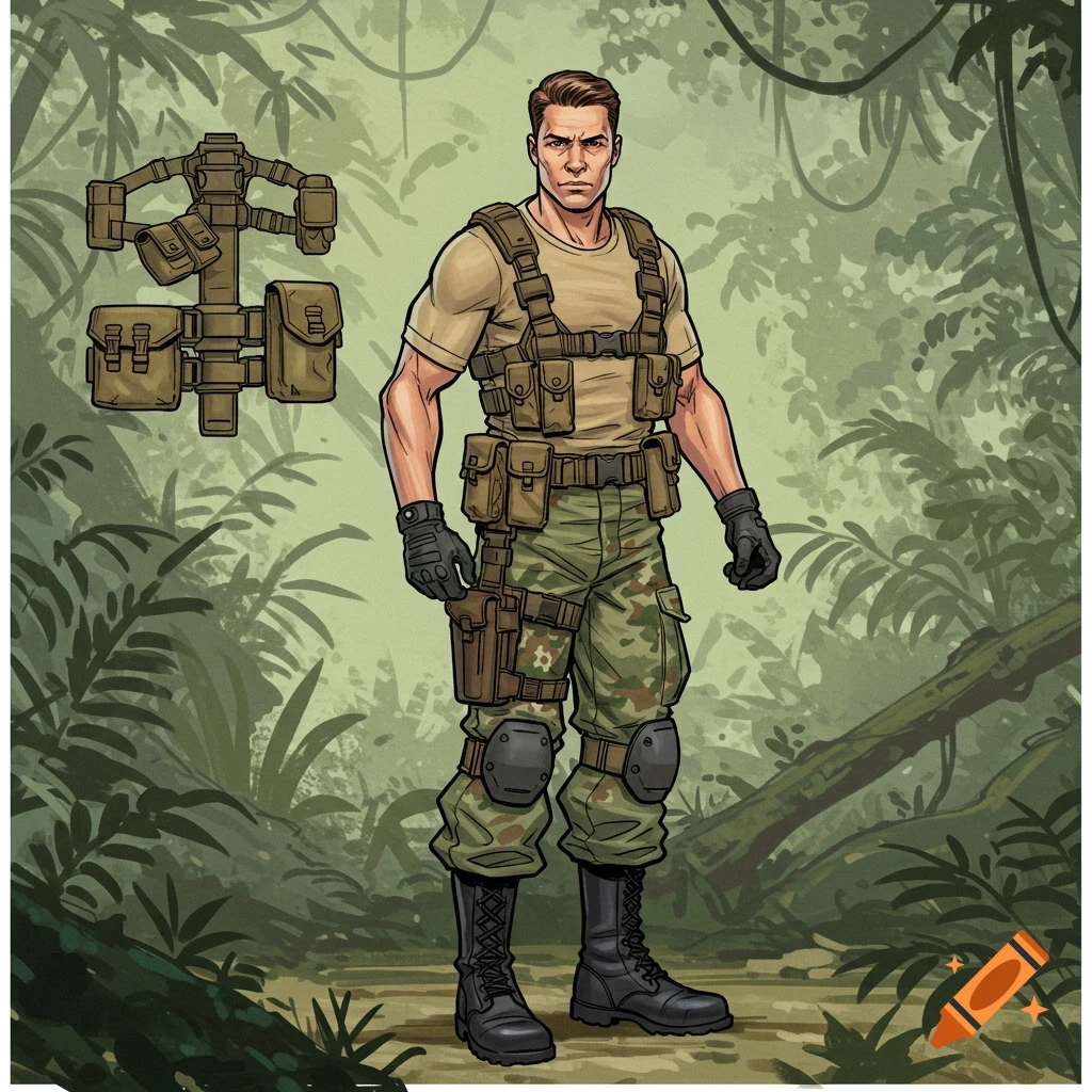 An illustrated male character resembling a G.I. Joe action figure, wearing camouflage pants, a tan shirt, and military harness gear, standing in a jungle.