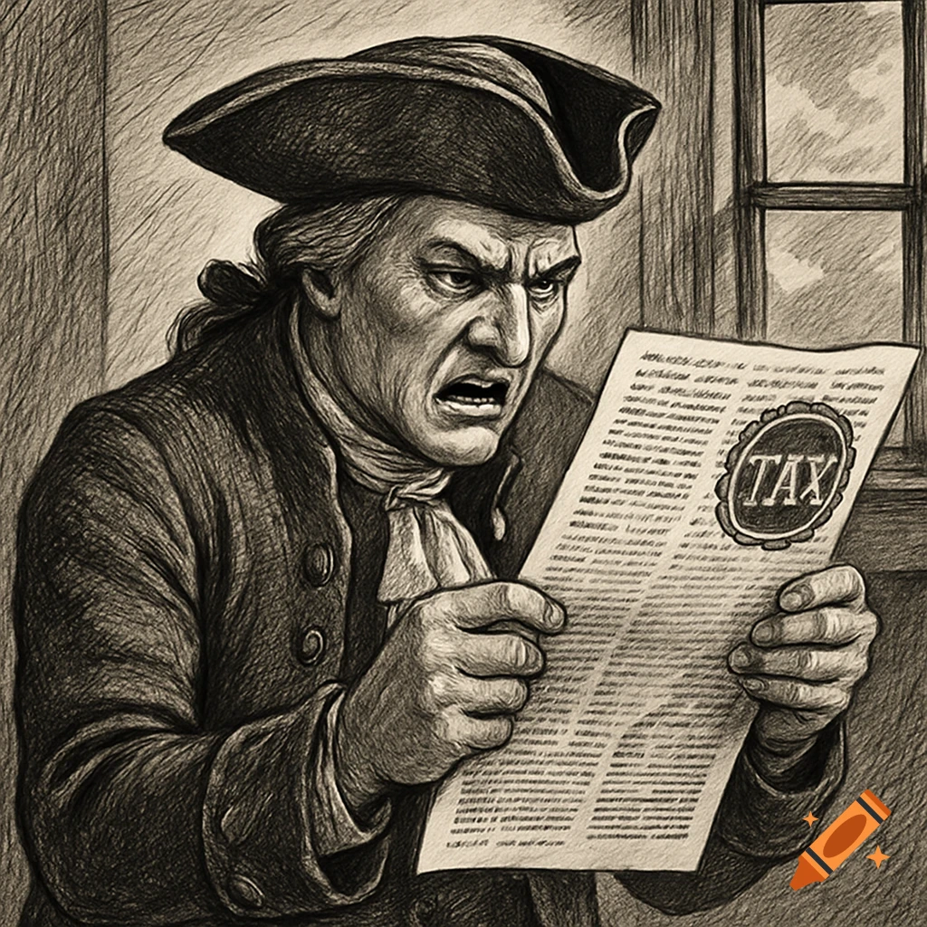 An angry colonist in a tricorn hat reads a newspaper with a prominent "TAX" stamp in a sepia-toned sketch style.