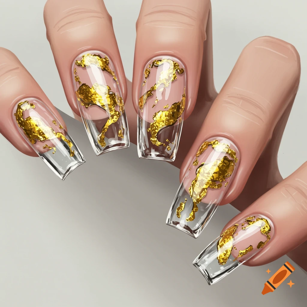 Close-up of a hand with clear glass-like nails containing shimmering gold flakes, digital art.