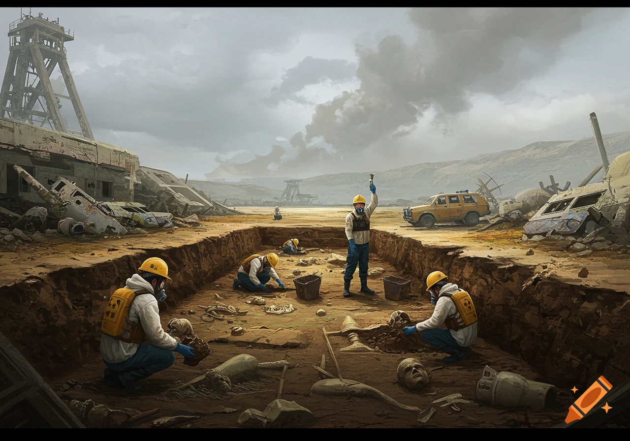 Figures in hazmat suits excavate skeletons and debris in a desolate, post-apocalyptic wasteland, with ruined buildings and a vehicle in the background.