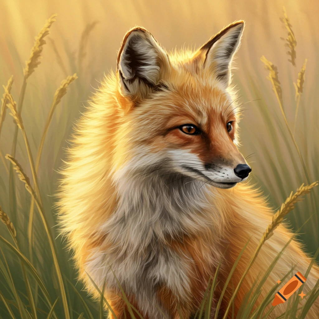 A red fox with soft golden fur sits in tall, sunlit golden grass, looking to the right.