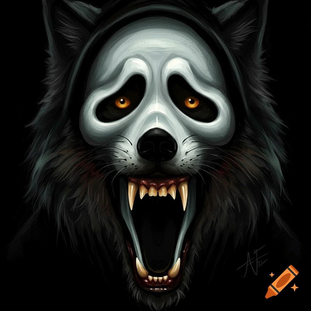 A snarling wolf creature with the face of a Ghostface mask, glowing orange eyes, and sharp fangs on a black background.