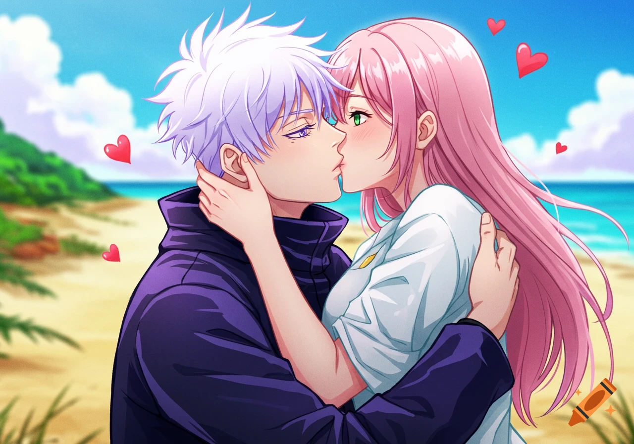 Anime illustration of Satoru Gojo kissing a pink-haired woman on a sunny beach with hearts floating around.
