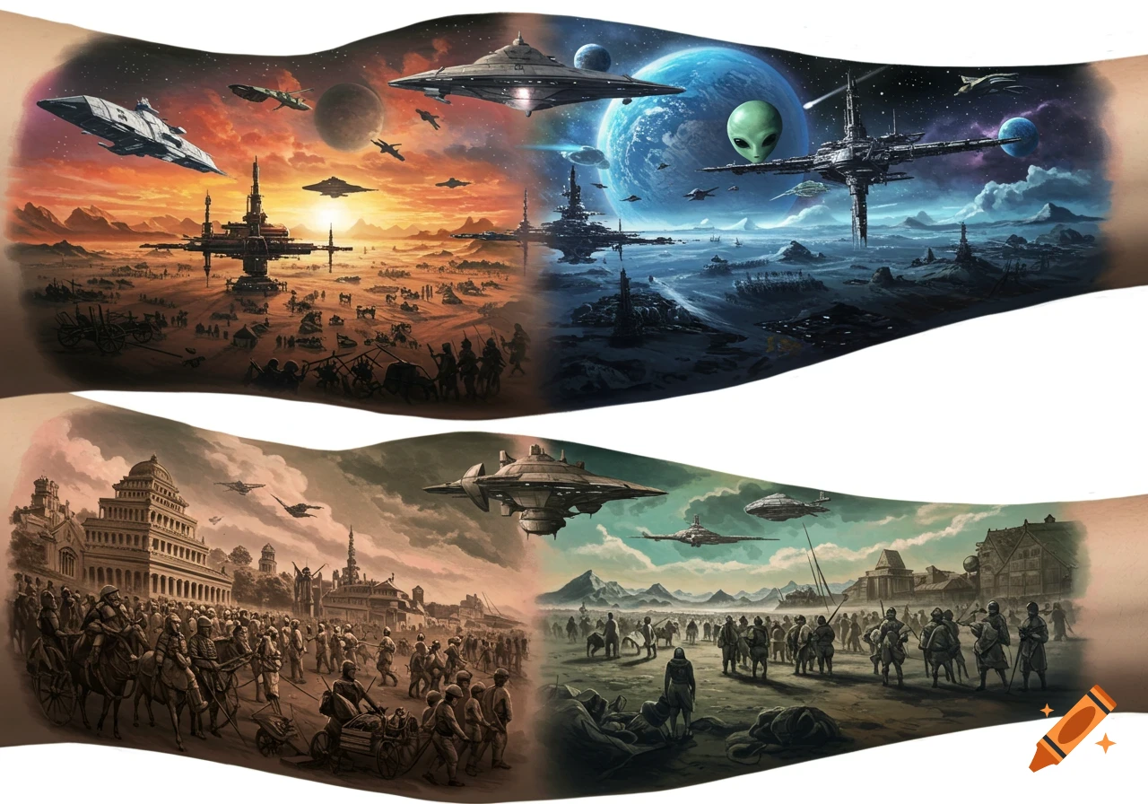 Split tattoo on an arm, top half depicts a sci-fi space civilization with spaceships and alien planets. Bottom half illustrates historical scenes with ancient buildings and crowds.