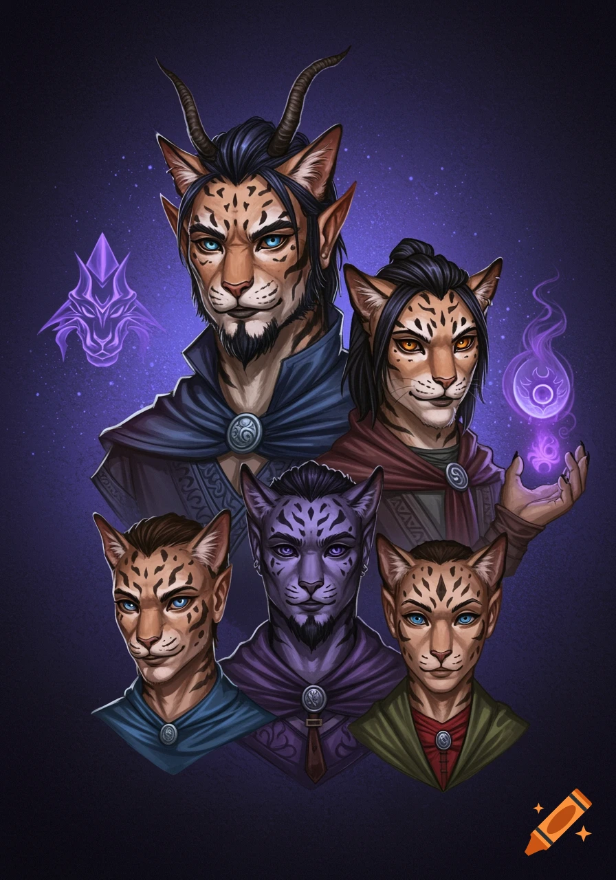 A digital portrait of an Elder Scrolls Khajiit family, featuring five cat-like humanoids in cloaks against a starry purple background.