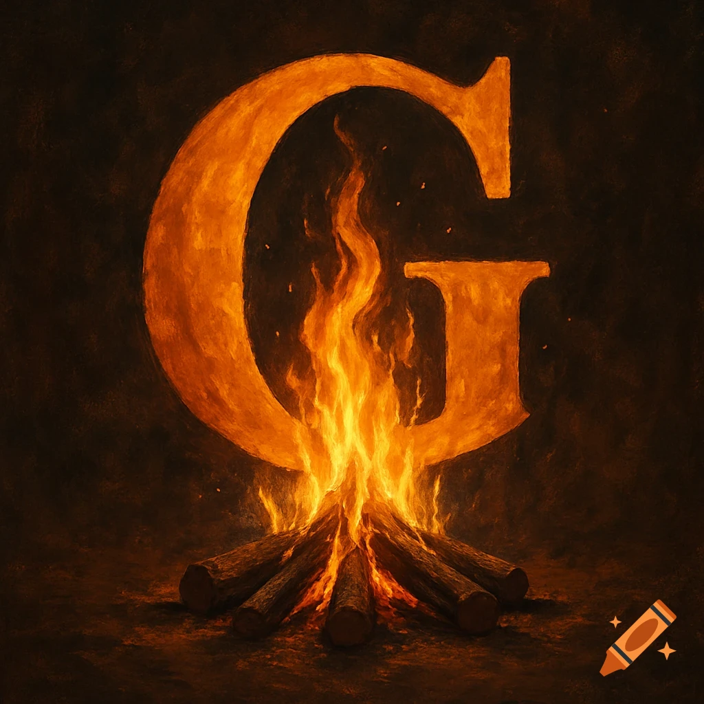 A fiery orange letter G rises from a burning campfire against a dark background.