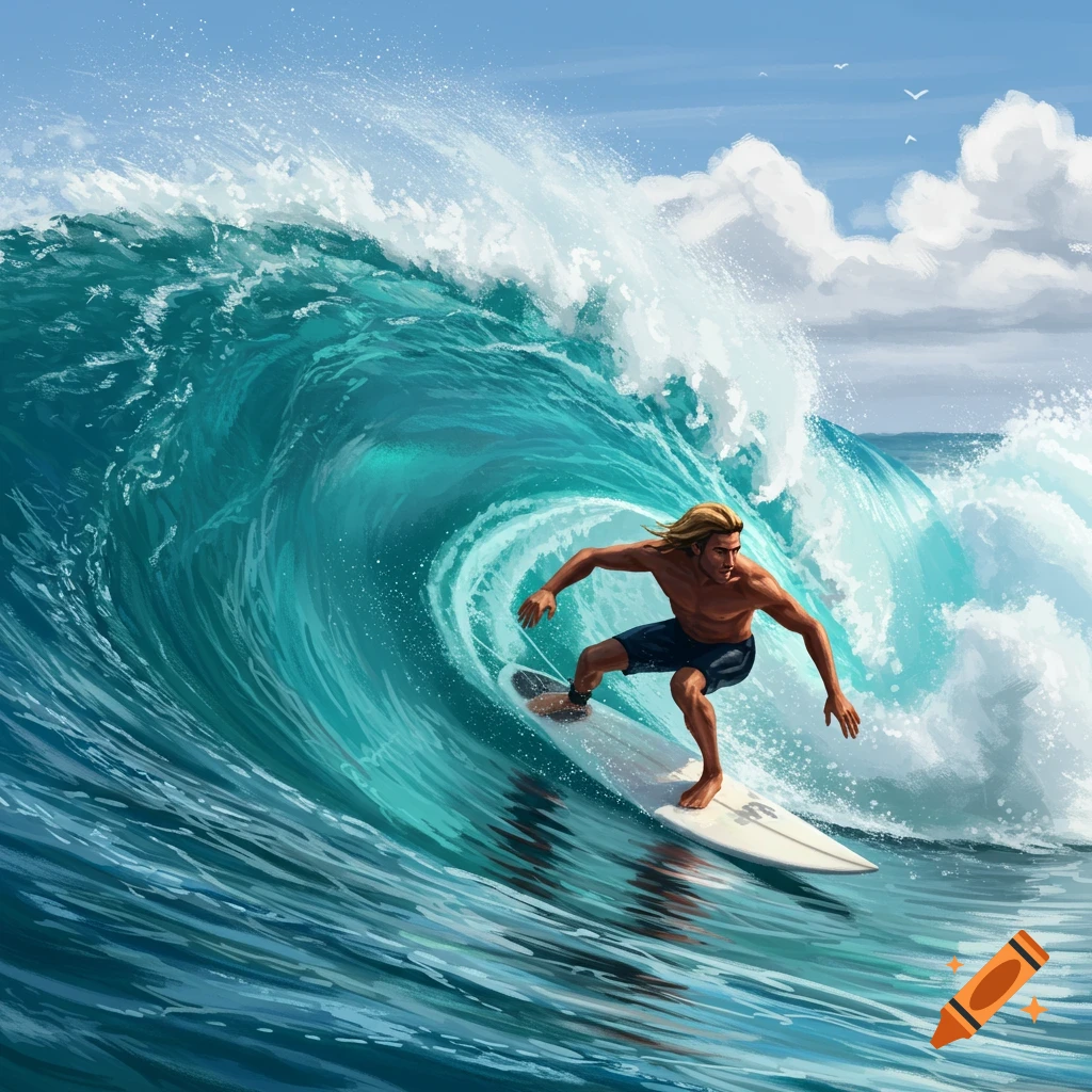 A male surfer with blonde hair rides a large, clear turquoise ocean wave, captured in a vibrant digital painting.