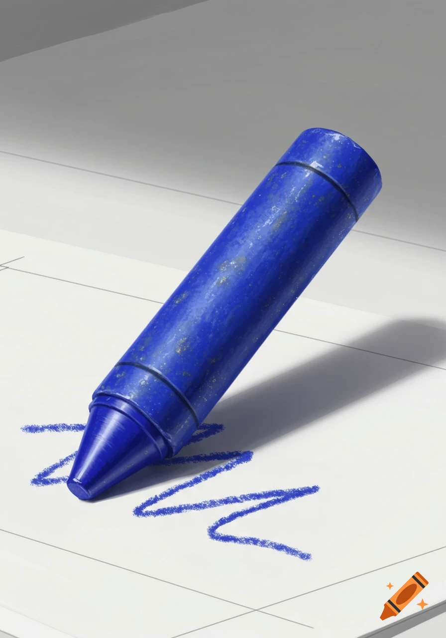 A blue crayon, appearing to be made of lapis lazuli, draws a blue squiggle on white paper.
