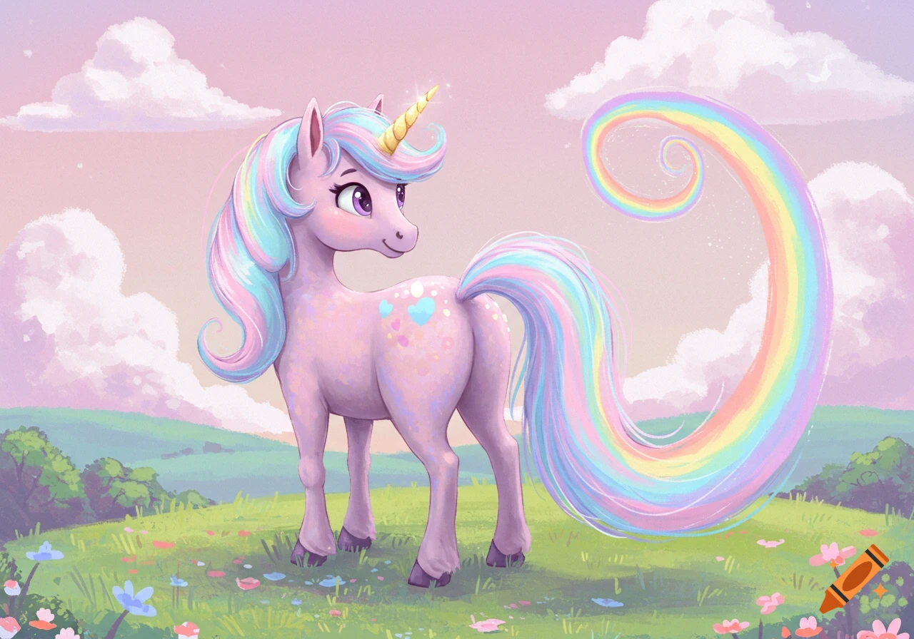 A pastel pink unicorn with a rainbow mane and tail stands in a grassy field, with a swirling rainbow coming from its rear. The style is cute and cartoonish.