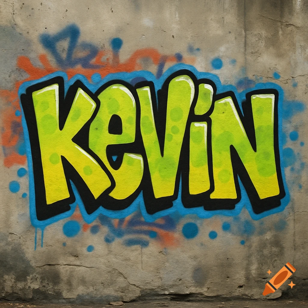 The name Kevin spray-painted in bright green graffiti style with blue and orange accents on a concrete wall.