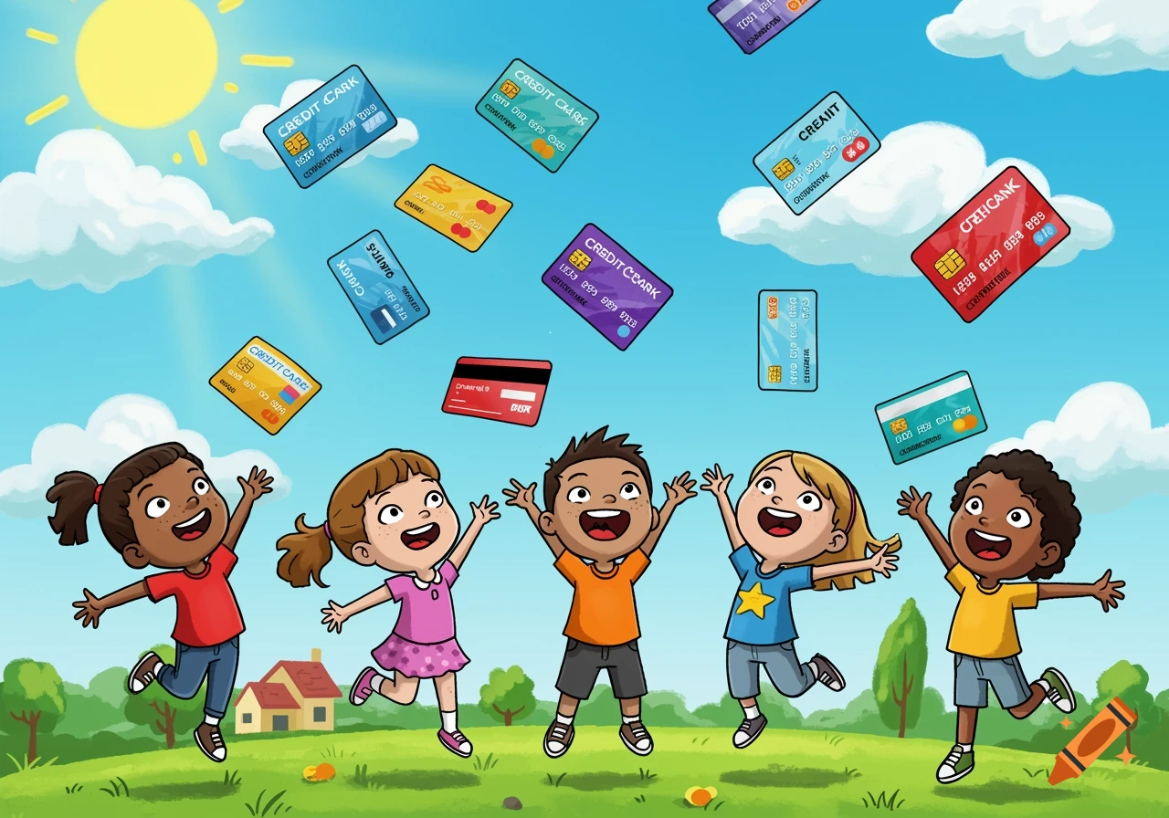 A colorful cartoon shows five children happily looking up at numerous credit cards falling from a sunny sky.