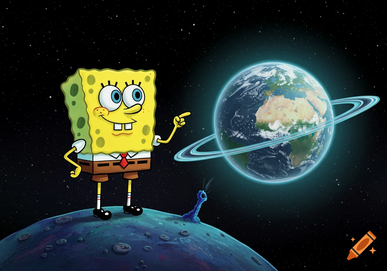 Cartoon SpongeBob SquarePants stands on a small moon and points at Earth in space.