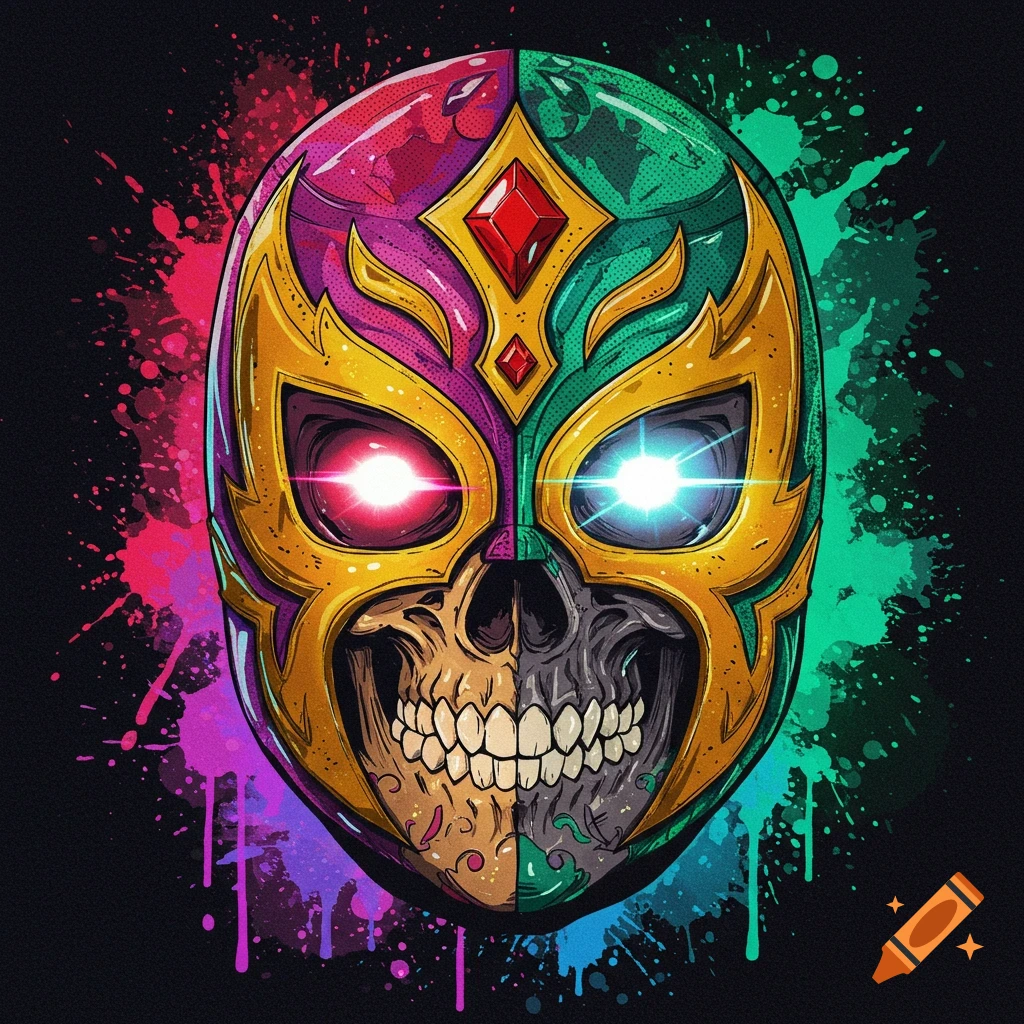 A vibrant, stylized illustration of a luchador mask split in half, one side showing the mask and the other a skull, surrounded by colorful paint splatters.